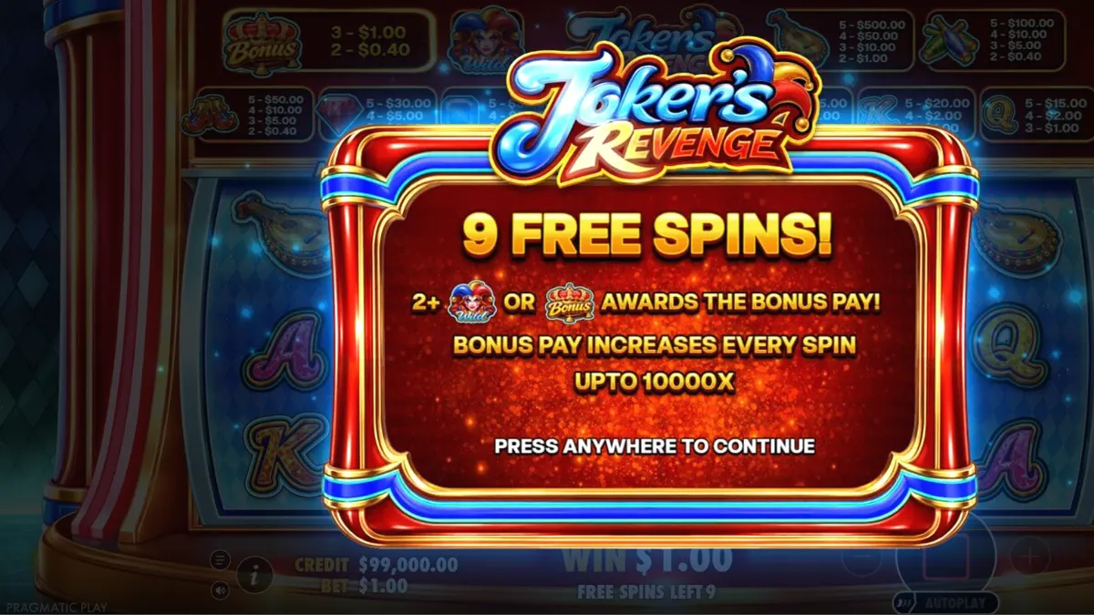 Interface vibrante do slot Joker’s Revenge com elementos temáticos de arlequim e gemas brilhantes.