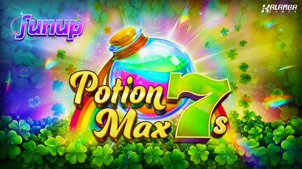 Interface do jogo de slot Potion Max 7s com símbolos temáticos e ícones de sorte irlandesa.